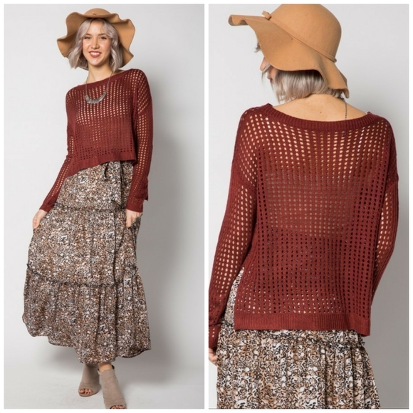 Cozy Casual Sweaters - Mahogany Lattice Open Knit Hi-Lo Side Slit Sweater